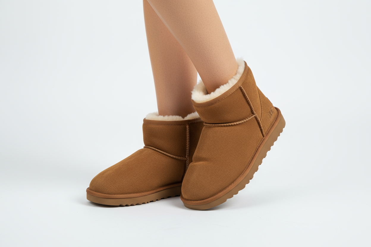 ugg tarzı bot giymiş bir kadın fotoğraf sadece ayaklarına odaklı olacak ve profosyonel bir çekimmiş gibi olsun 